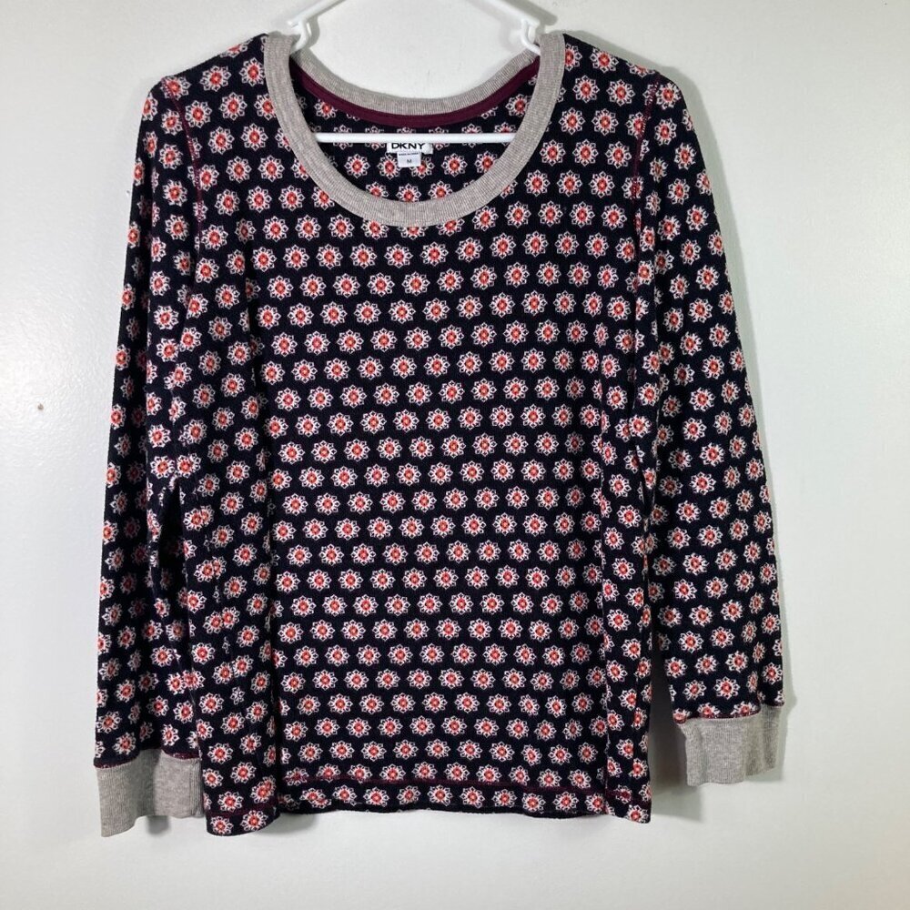 Womens‎ DKNY Long Sleeve Thermal Top Black Red White Geometric Flower Pattern M